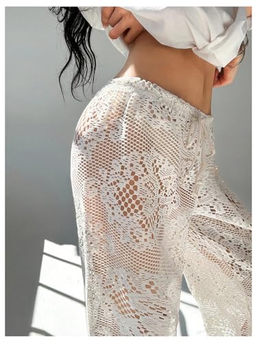 OYOANGLE Women's Floral Lace Sheer Beach Trousers Drawstring Waist See Through Crochet Pants4