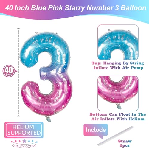 Image of Large Blue Pink Starry 3 Balloons, 40 Inch Giant Mermaid Helium Mylar Foil Globos Numero for Girls, Self Inflating Rainbow 3rd Birthday Balloon for Women Three Anniversary Party Decorations Supplies