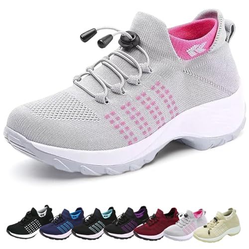 Scarpe Ortopediche Comfort Wear da Donna, Comode con Cuscino d'Aria per Fascite Plantare, Scarpe da Ginnastica con Cuscino Elastico Ortopedico (Grigio Rosa,41)