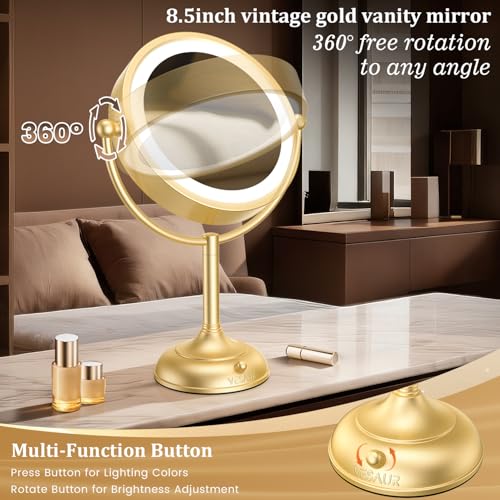 VESAUR 8.5'' Large Gold Lighted Makeup Mirror, 1X/10X Clear Seamless Magnifying Mirror, Bright Vanity Mirror with 3 Colors Dimmable Lights, Two-Sided 360°Rotation Stable Base, Luxury Nickel, Gift Box by VESAUR - Image 7