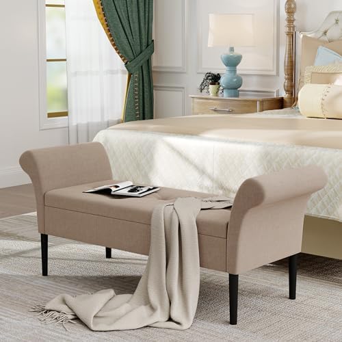 Awonde Storage Ottoman Bench with Arms Linen Upholstered Tufted Storage Benches for Bedroom Entryway Living Room Tan