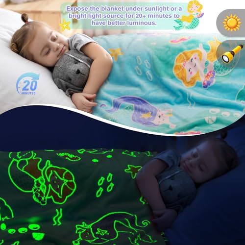 Image of Mermaid Toys Gifts for Girls Kids - Glow in The Dark Ocean Blanket Best Birthday Christmas Valentines Easter Decor Presents for for Age 1-14 Years Old Teens Child Toddler Daughter Soft Throw 50 inchX60 inch