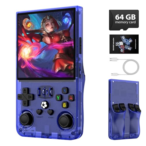 R36MAX Retro Handheld Game Console,64GB Open Source System Support 30+ Emulator Console,4.0 Inch IPS Screen Retro Gaming Console,4000mAh Battery,Video Game Console for Christmas-Transparent Blue