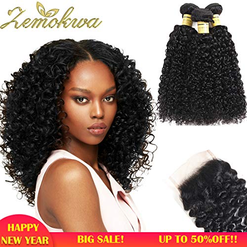 Brazilian Kinky Curly Human Hair Bundles With Closure Curly Weave Hair 3 Bundles 100% Unprocessed Remy Virgin Human Hair Curly With Swiss Lace Closure Free Part 10A Natural Black Color (12 14 16 +10)