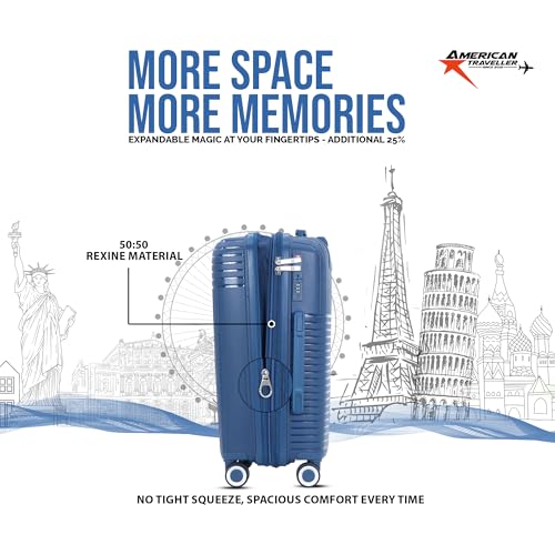 Image of AMERICAN TRAVELLER Touris Travel Trolley Bag Single Medium | Lightweight Expandable Polypropylene Hard Shell | Large Suitcase with TSA Lock | 8 Lego Wheels | Travel Luggage for Men & Women (24, Blue)