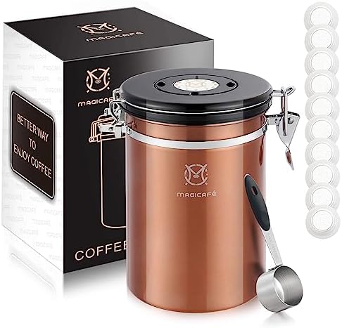 MAGICAFÉ Airtight Coffee Bean Container - Co2 Valve Coffee Bean Canister with Scoop for Ground Coffee Large Copper 21oz