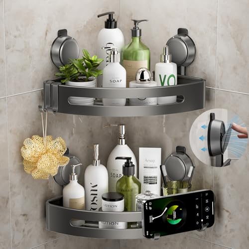 ONXE Corner Shower Caddy Suction Cup Shower Shelves with Hooks No Drilling Powerful Upgrade Suction Bathroom Corner Organizers and Storage Removable Waterproof Rustproof Shower Shelf Bathroom Decor