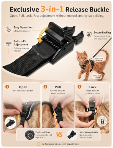 Cat Harness and Leash Set,Escape Proof Kitten Harness,Black | Side-Snap Adjustable Cat Harbess with Reflective Strips, Easy to Put On Without Pulling Over the Head for Outdoor Adventures - Image 5