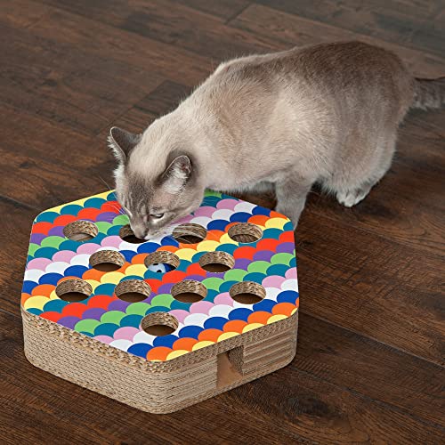 Image of Furhaven Pet Furniture for Cats and Kittens - Tiger Tough Hexagon Corrugated Cat Scratcher Interactive Busy Box Pet Toy with Catnip, Rainbow Scales, One Size
