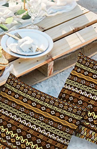 Outdoor Pillow Covers Waterproof, Brown Ethnic Tribes Stripes Grain All Weather Cushion Case Set of 2, Yellow Geometric Triangle Filling Decorative Pillowcases for Sofa Patio Furniture 16