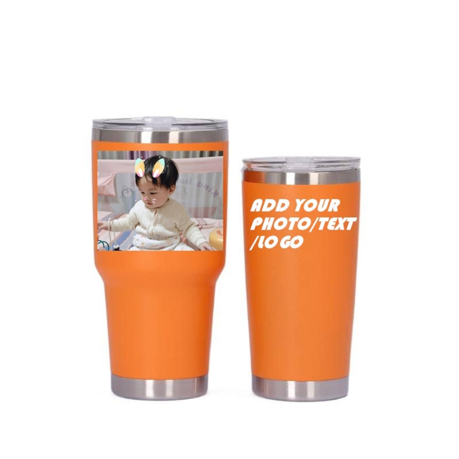Personalized Photo 20oz 30oz Stainless Steel Tumbler,Custom Coffee Tumbler Cup With Lid And Strawstraw Vacuum Insulated With Text Photo Logo (Orange(