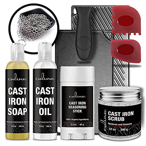 Image of Culina Cast Iron Seasoning Stick Soap Oil Conditioner Restoring Scrub Stainless Scrubber handle and Scraper | All Natural Ingredients | Cast Iron Cookware colors may vary