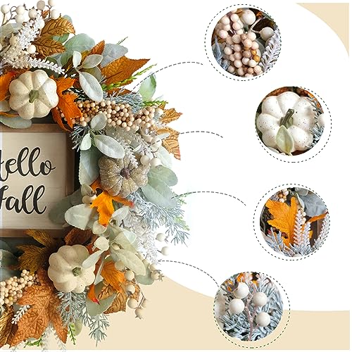Image of 20inch Thanksgiving Fall Wreath, Eucalyptus Berries Pumpkins Lamb Ears Leaves Autumn Wreaths for Front Door, Fall Decor, Porch Wall, Home Outdoor Holiday Decorations Wreath for Autumn
