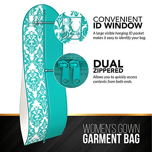 Your Bags Travel Garment Bag 72 X 24” For Dress - 10” Tapered Gusset Black (Teal Blue And White Damask) #TOP2