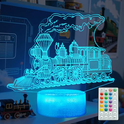 POSSHE Train Night Light Train Gifts 3D Illusion Night Light with 16 Colors Changing Remote Control with Timer Kids Room Decoration for Holiday Birthday Christmas