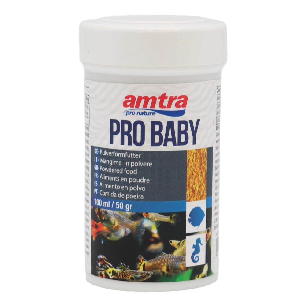 Amtra Pro Baby 100 ml - Mangime completo in polvere finissima per Avannotti e pesci piccoli di acqua dolce e salata, per accrescimento, con vitamine e oligoelementi