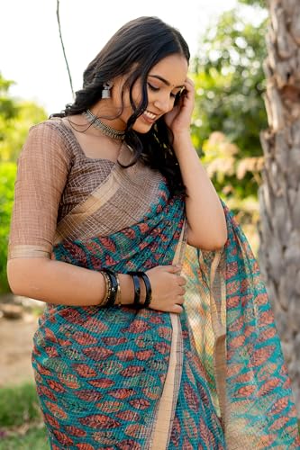 Image of MIRCHI FASHION Kota Doria Cotton Saree with Blouse Piece | Leaf Floral Printed Saree for Women | Traditional Ethnic Daily Wear Summer Saree