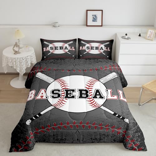 Image of Feelyou Baseball Comforter Set King Size Kids Softball Comforter for Boys Girls Teens Sports Game Grey Bedding Set Sports Theme Quilt Set