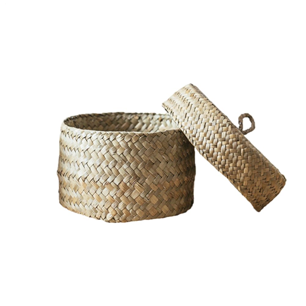 Veeteah Small Round Seagrass Storage Baskets - Cylinder Woven Shelf Baskets With Lids - Seagrass Container Box Organizer For Pantry Shelves Cabinets