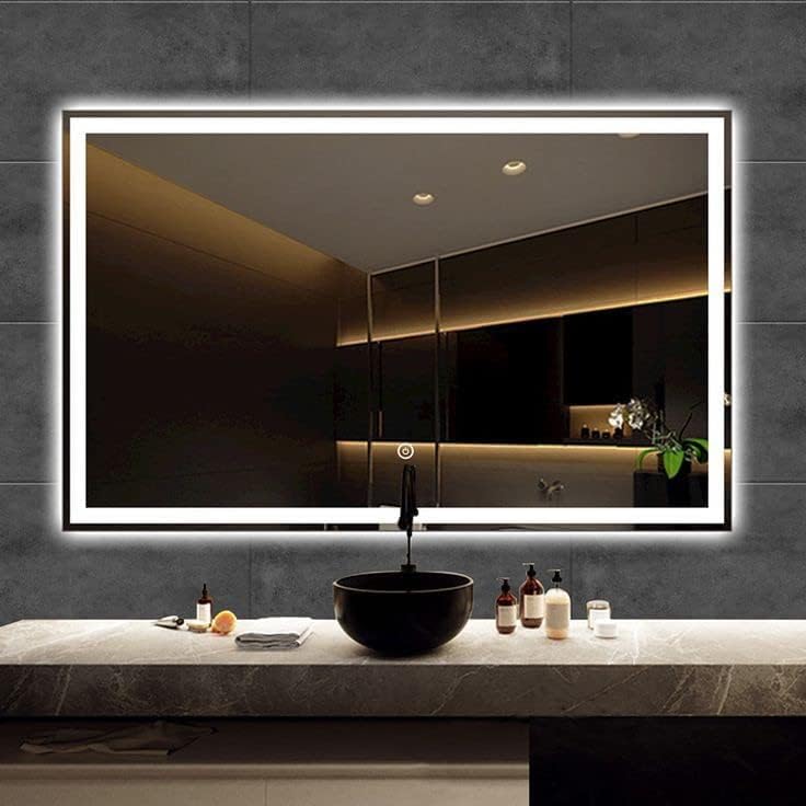 - Rectangle LED Mirror, Bathroom/Vanity Mirror with Dimmable Lights, Wall-Mounted Bathroom Bed Room Living Room with Touch Sensor, 3 Light.(Natural, White, and Warm) W2