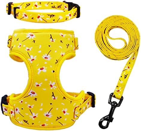 Dog Harness with Leash and Collar Set Adjustable Soft Mesh Escape Proof Puppy Harness for Small Medium Dogs Daisy Pattern Yellow XS