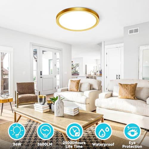 Image of libtit 16Inch Flush Mount LED Ceiling Light Fixture, 3000K 4000K 6500K Adjustable, 36W 3600lm Gold Satin Round Ceiling Lamp for Bathroom Shower Hallway Kitchen, 2 Pack