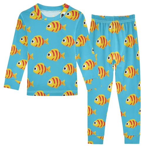Pajama Sets Long Sleeve Fish Pattern Blue Background Soft Comfy Sleepwear 2 Piece PJS 3-8T