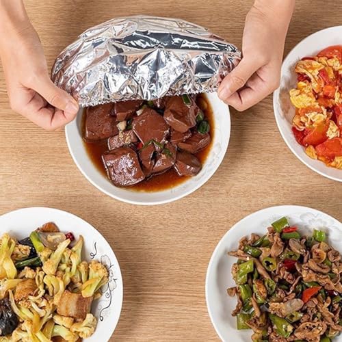 100Pcs Aluminium Foil Food Covers, Repeatable Aluminum Foil Film Insulation Cover, Adjustable Storage Food Covers for Kitchen, Fresh-Keeping Elastic Bowl Lids Silver M 10pcs