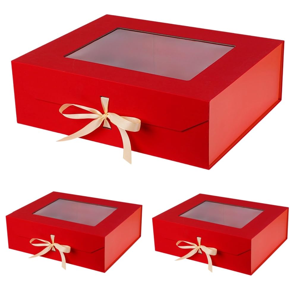 PLINJOY 3 scatole regalo extra large rosse per regali con nastro, 48 x 40 x 15 cm, scatola regalo trasparente con finestra e chiusura magnetica, scatole regalo con coperchio