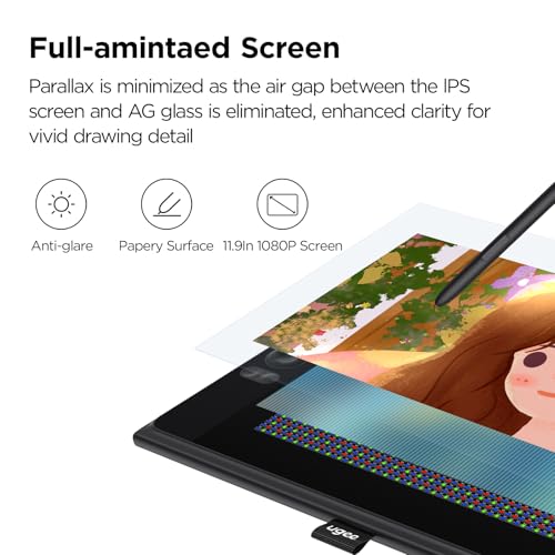ugee UE12 11,6 Zoll Grafiktablett mit Display,Pen Display mit 124% sRGB mit 8 Shortcut-Tasten...