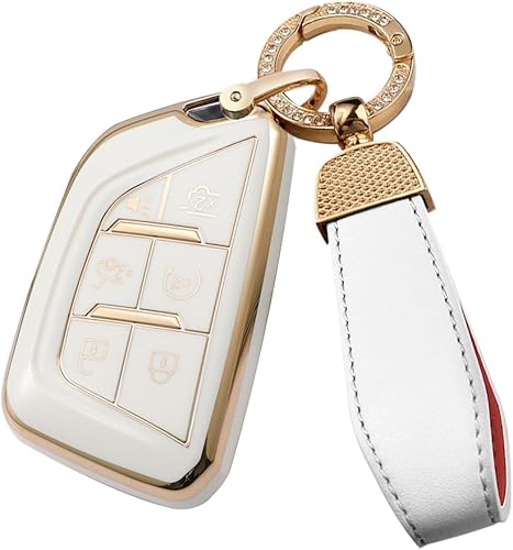 SANRILY Funda de llavero de TPU con borde dorado de 6 botones para Cadillac Escalade 2021 CT5 CT6 CTS XT6 sin llave con llavero de cuero brillante,