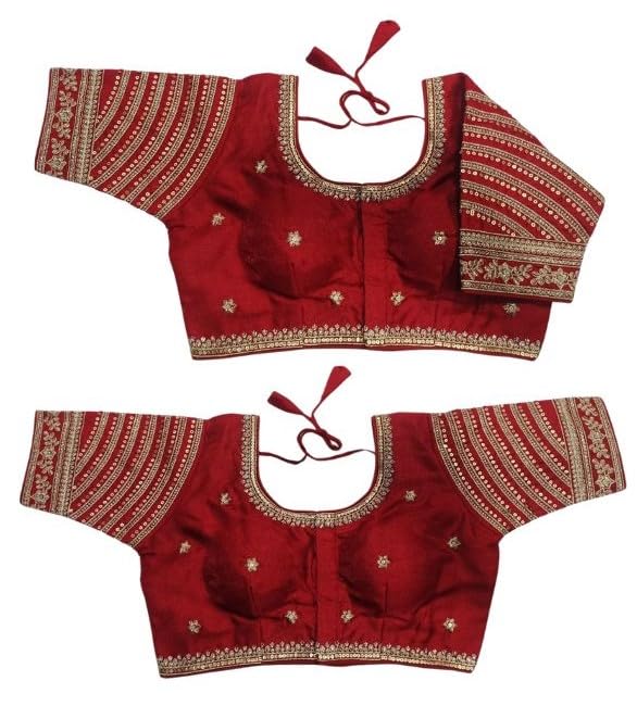 Pujia Mills Women's Blouse Readymade Blouse Embroidery Multi Coding Gold Thread Indian Ethnic Designer Stitched Women's Readymade Saree Blouse For Women For Saree Lehenga Choli (Red, 36)