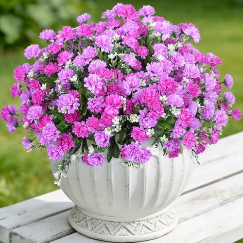 Ammyoo Artificial Flowers for Outdoors Decoration, 6 Bundles Silk Marigold Flower UV Resistant Look Real Faux Plants for Garden Porch Planter Patio Balcony Yard Home Decor (Double Purple)