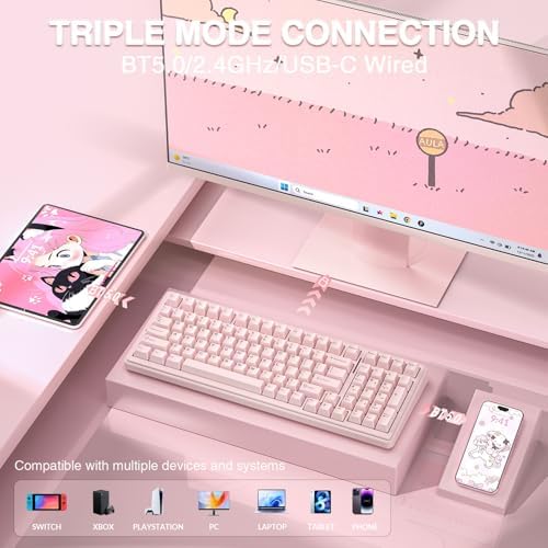 AULA F99 Wireless Mechanical Keyboard-Silent Version,Tri-Mode(BT5.0/2.4GHz/USB-C),Gasket Structure,Hot Swappable Mechanical Keyboard with Pre-lubed Linear Switches,RGB Backlit PC Gaming Keyboards,Pink - 2