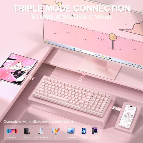 Image of AULA F99 Wireless Mechanical Keyboard-Silent Version,Tri-Mode(BT5.0 /2.4GHz /USB-C),Gasket Structure,Hot Swappable Mechanical Keyboard with Pre-lubed Linear Switches,RGB Backlit PC Gaming Keyboards,Pink