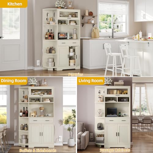 DWVO Kitchen Pantry Cabinet with Drawer, 67" Farmhouse Baker Rack with Power Outlets, Buffet Sideboard w/Microwave Stand, Cupboard Hutch Storage Cabinet for Kitchen, Living Room, Dining Room (White)