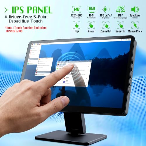 Image of KOGODA 10.1-inch Small Monitor with Touchscreen for Raspberry Pi, Portable Mini Computer Monitor, 5-Points Capacitive Touch 1024 x 600 IPS LCD HDMI Display for Mac mini PC Gaming Console