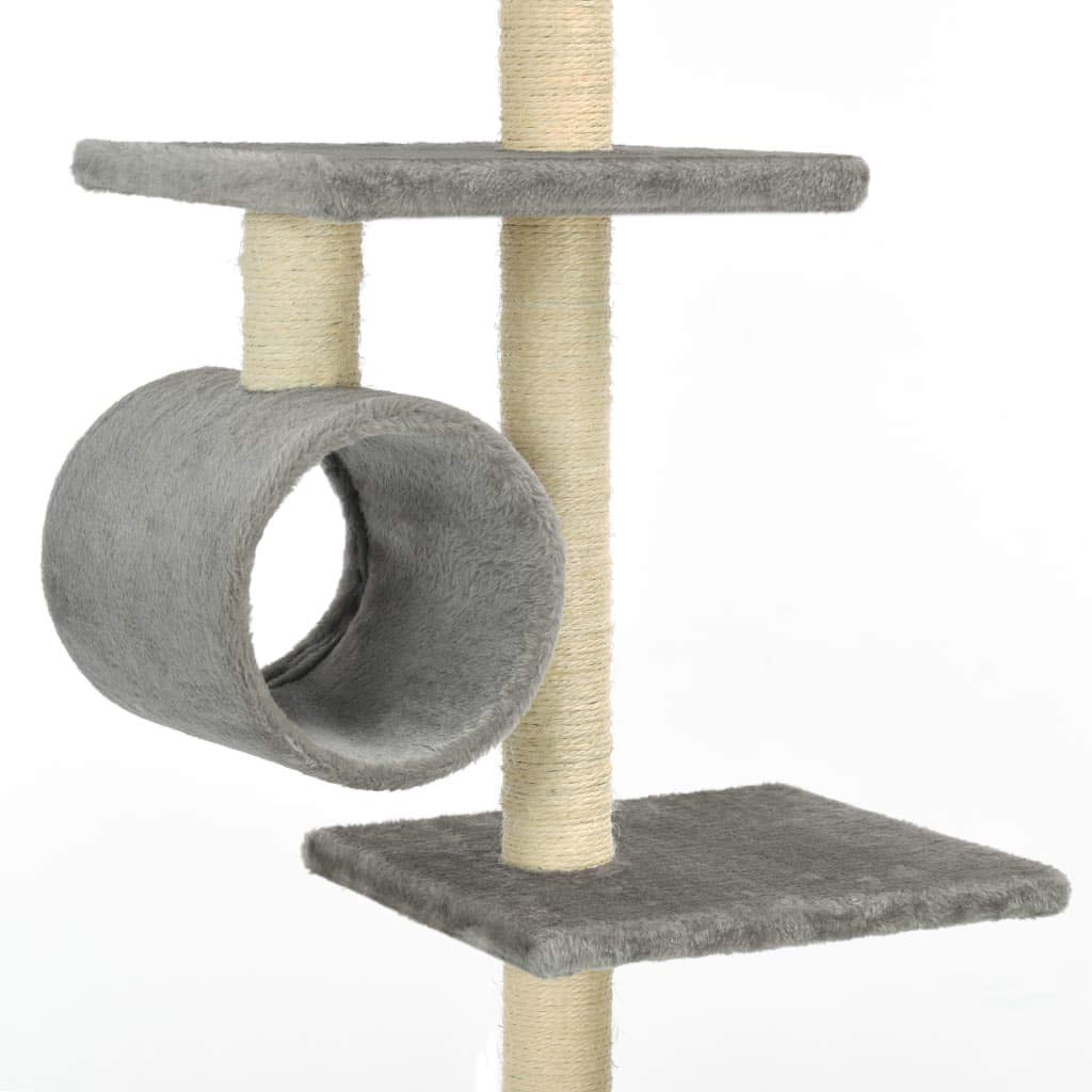 Deckenhoher Kratzbaum 260 cm Grau mit Sisal-Kratzsäulen | Kletterturm fürs Wohnzimmer mit kuscheliger Katzenhöhle, zwei Spieltunneln und robusten Sisalstämmen zur Krallenpflege.