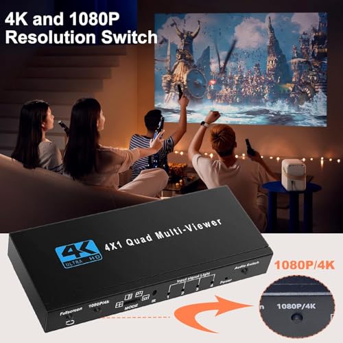 Image of HDMI Multiviewer Switch 4x1 Seamless Switcher Quad Multi-Viewer HDMI Switch 4 in 1 Out Supports 1080p 60Hz,5 Display Modes with IR Remote (HDMI Multi-Viewer 4x1)