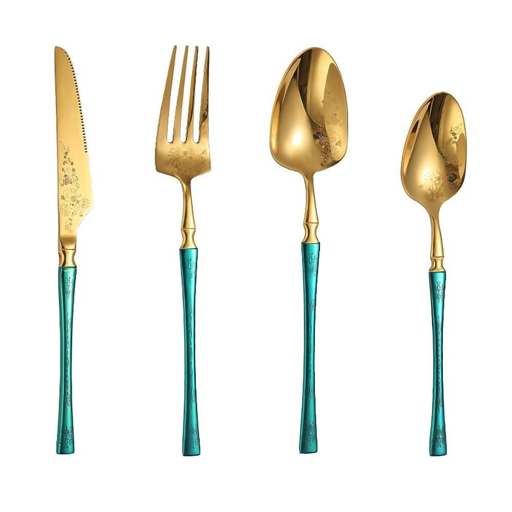16-Piece Set of Kitchen Silverware Tableware Main Stainless Steel Knife and Fork Spoon Commercial Steak Coffee Western Tableware (Green)