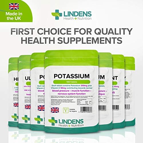 Lindens Potassium 200mg Tablets with 50mg Vitamin C - 100 Tablets - Contributes to Normal Blood Pressure, Muscle Function and Nervous System Function - UK Manufacturer, Letterbox Friendly