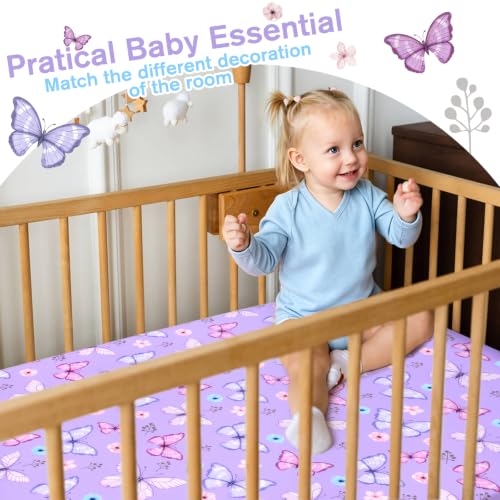 Image of JISEN Baby Fitted Crib Sheets for Boys Girls 52x28 Inch Purple Butterfly