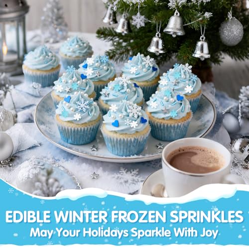 Image of Edible Snowflake Sprinkles,Frozen Sprinkle for Cake,Blue Heart White Snowflake Silver Star Pearl Jimmies Mix,130g /4.58oz,Winter Snow Sugar Pearls Sprinkles for Decorations Baking,Cake Ice Cream Cookies Cupcake Topper Chocolate,Birthday Children Party Dessert Decorating