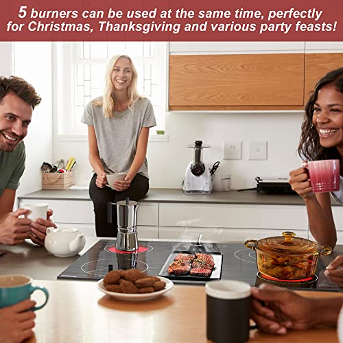 Karinear Electric Cooktop 30", Drop-in Electric StoveTop 5 Burners Ceramic Cooktop with Wooden Pattern, 8400W, 220~240V, No Outlet Plug, Glass Cooktop