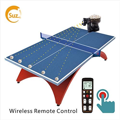 Suz S102 Table Tennis Robot on a table with a remote control, showing dotted lines representing ball trajectories across the table.