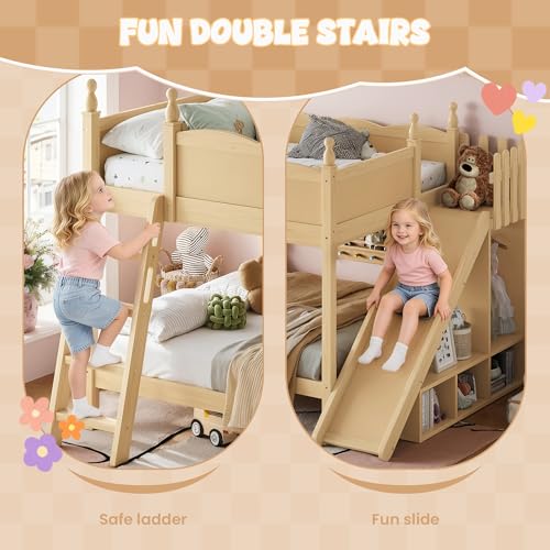 Image of Bellemave Bunk beds Full Over Full with Slide and Stair, Low bunk /loft Bed for Kids,Natural