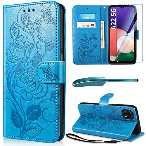 FLLAO Étui de Protection Compatible avec Samsung Galaxy A22 5G avec Film de Protection d'écran et Stylet Tactile, étui à Rabat en Cuir synthétique avec Bleu Cover