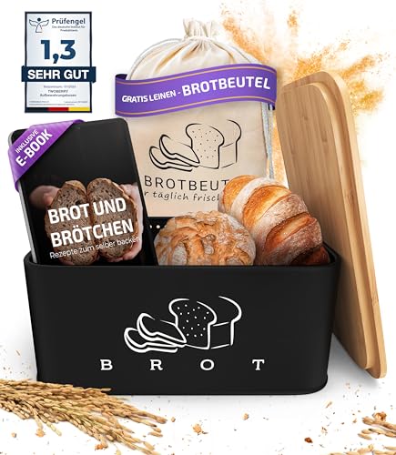 Brotkasten Schwarz – Brotbox mit Bambusdeckel als Schneidebrett [2in1 Brotbehälter]- inklusive gratis Brotbeutel Leinen - perfekte Brotaufbewahrung für lange Frische- Premium Brot Aufbewahrungsbox