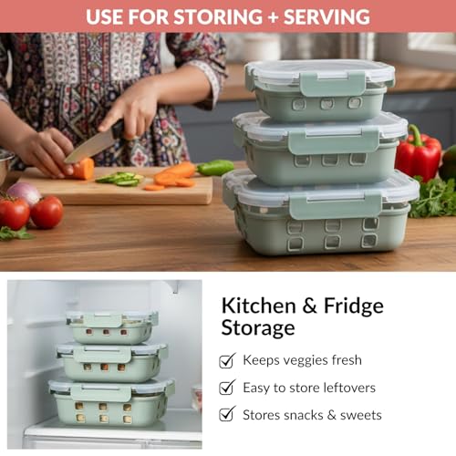 Image of Nestasia Gripso Glass Containers Set of 3 with Silicone Sleeve & Locking Lid (370ml, 600ml, 1000ml), Rectangle Food Storage Containers for Kitchen | Microwave, Dishwasher & Freezer Safe (Green)