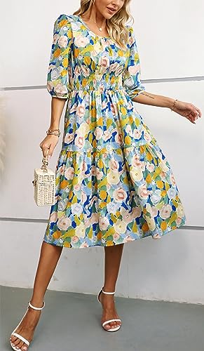 Image of Kormei Women Casual Boho Floral Round Neck 3 /4 Sleeve Smocked Waist Tiered A Line Flowy Swing Midi Dress Long Dresses